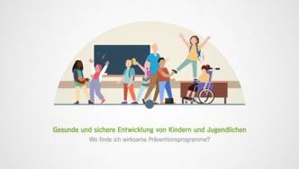 Animiertes Bild mit Menschen und dem Text "Gesunde und sichere Entwicklung von Kindern und Jugendlichen. Wo finde ich Präventionsprogramme?